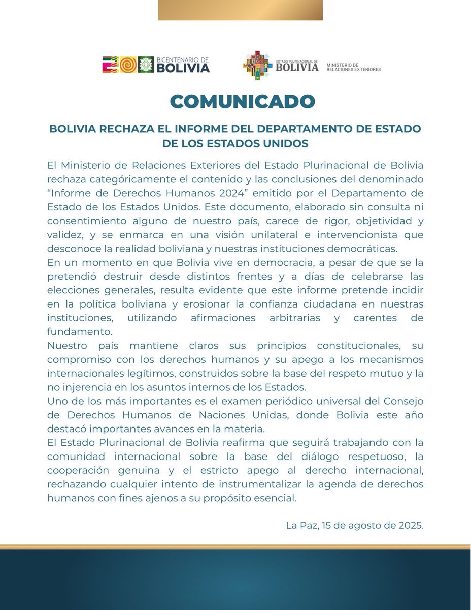 MRE_Bolivia's tweet photo. COMUNICADO 15-08-2025 

Bolivia rechaza el Informe del Departamento de Estado de los Estados Unidos https://t.co/oB3AvYGJmR