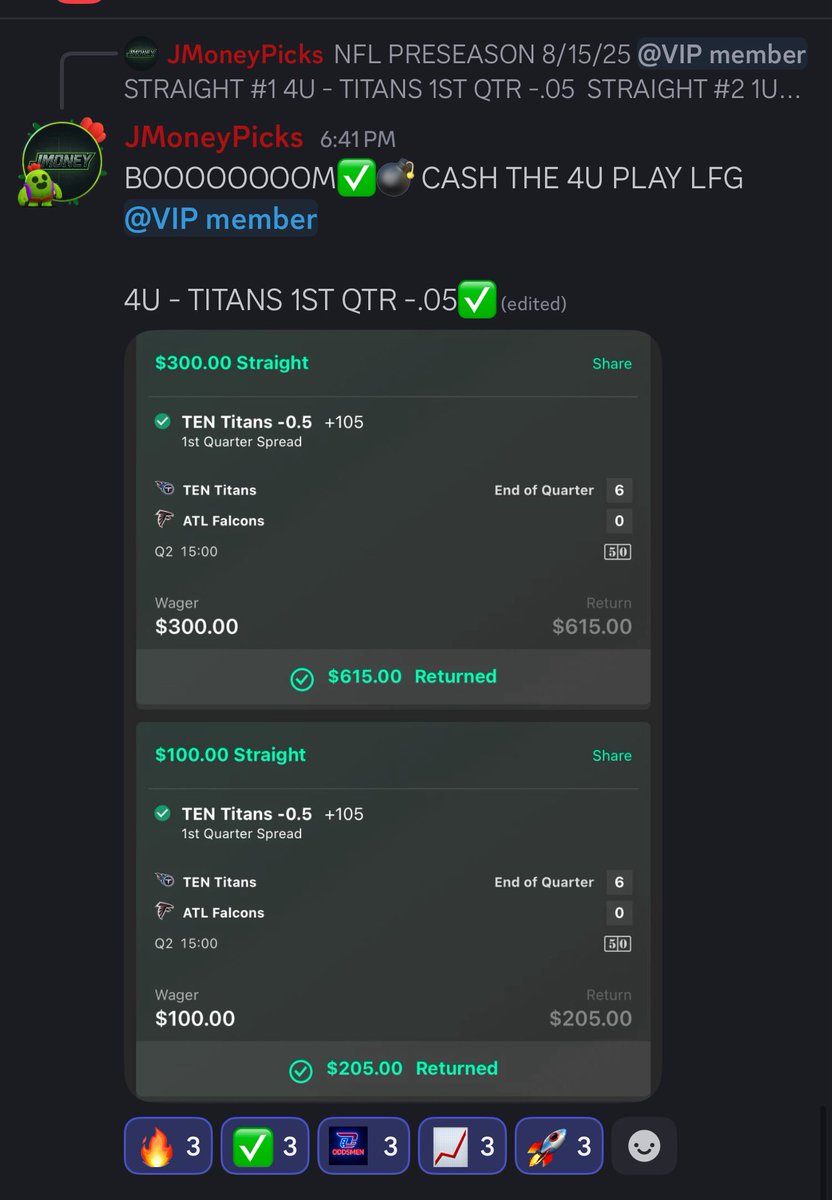 Oddsmensports's tweet photo. PRESEASON CASH β
π£ 4U PLAY SMASHED π Titans 1Q -0.5 hits easyβ¦ bankroll growing before the season even starts π° #NFL #SportsBetting #Oddsmen link in bio https://t.co/rZTQQdBPCp