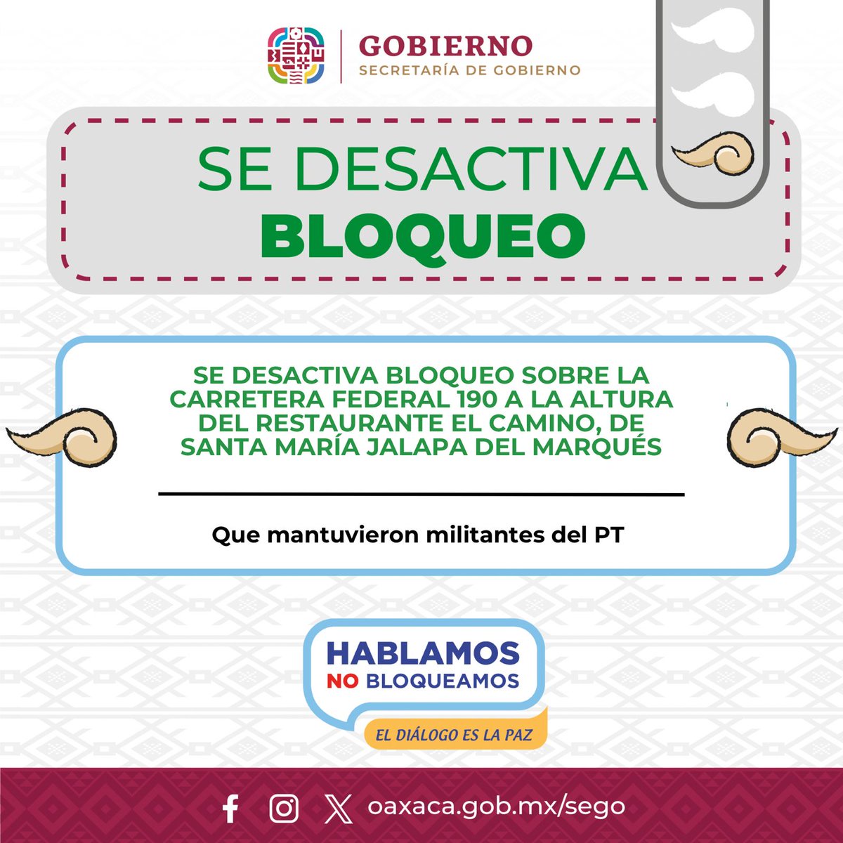 Se desactiva bloqueo sobre la Carretera Federal 190 a la altura del restaurante El Camino, de Santa María Jalapa del Marqués, que mantuvieran militantes del PT.