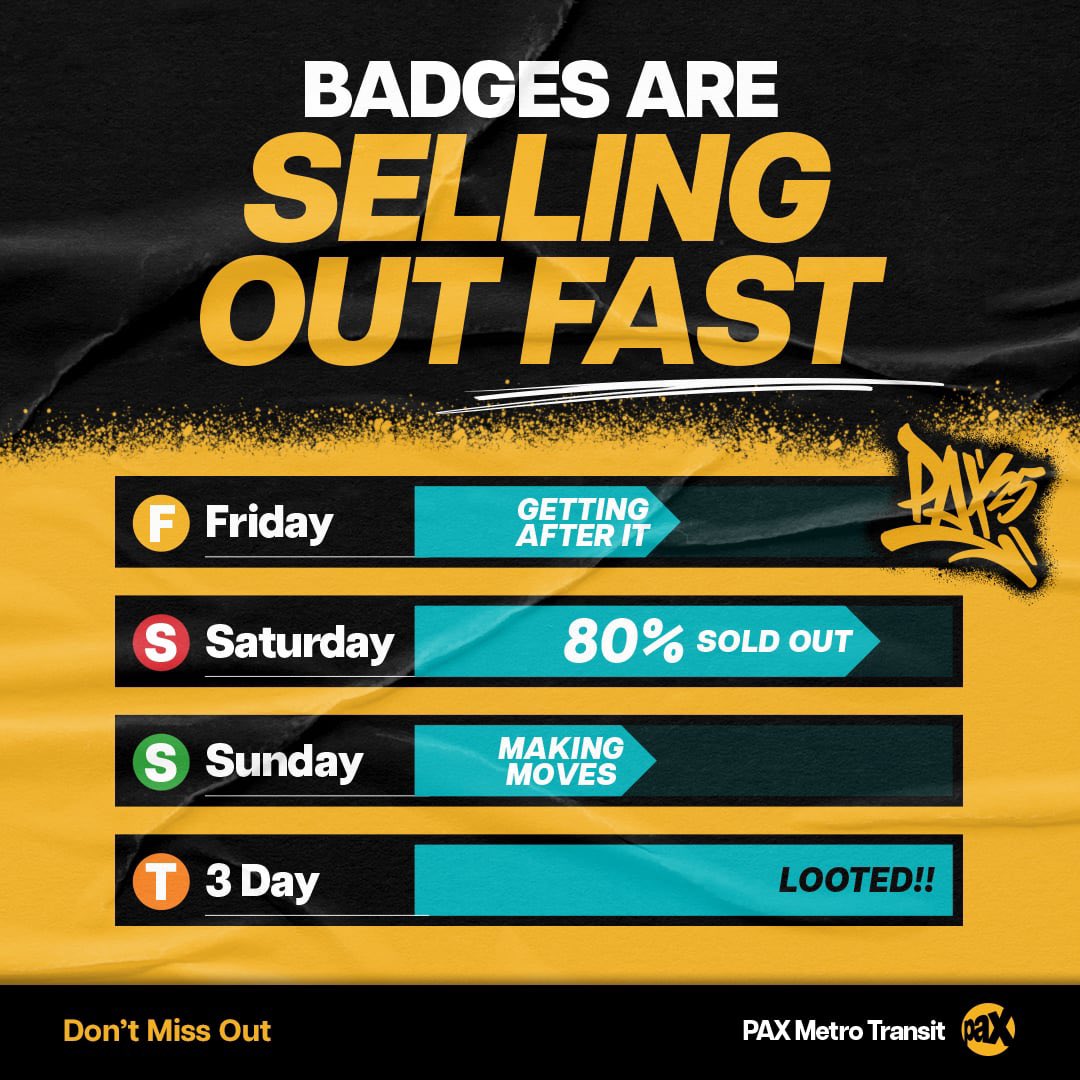 📈 Nickelback voice: “LOOK AT THIS GRAPH!”

3-Day badges? GONE.
Saturday badges? 80% SOLD OUT.
Free badge mailout ending in 8 DAYS! 😱

👉 Don’t miss out: events.ticketbooth.com.au/event/pax-aust…