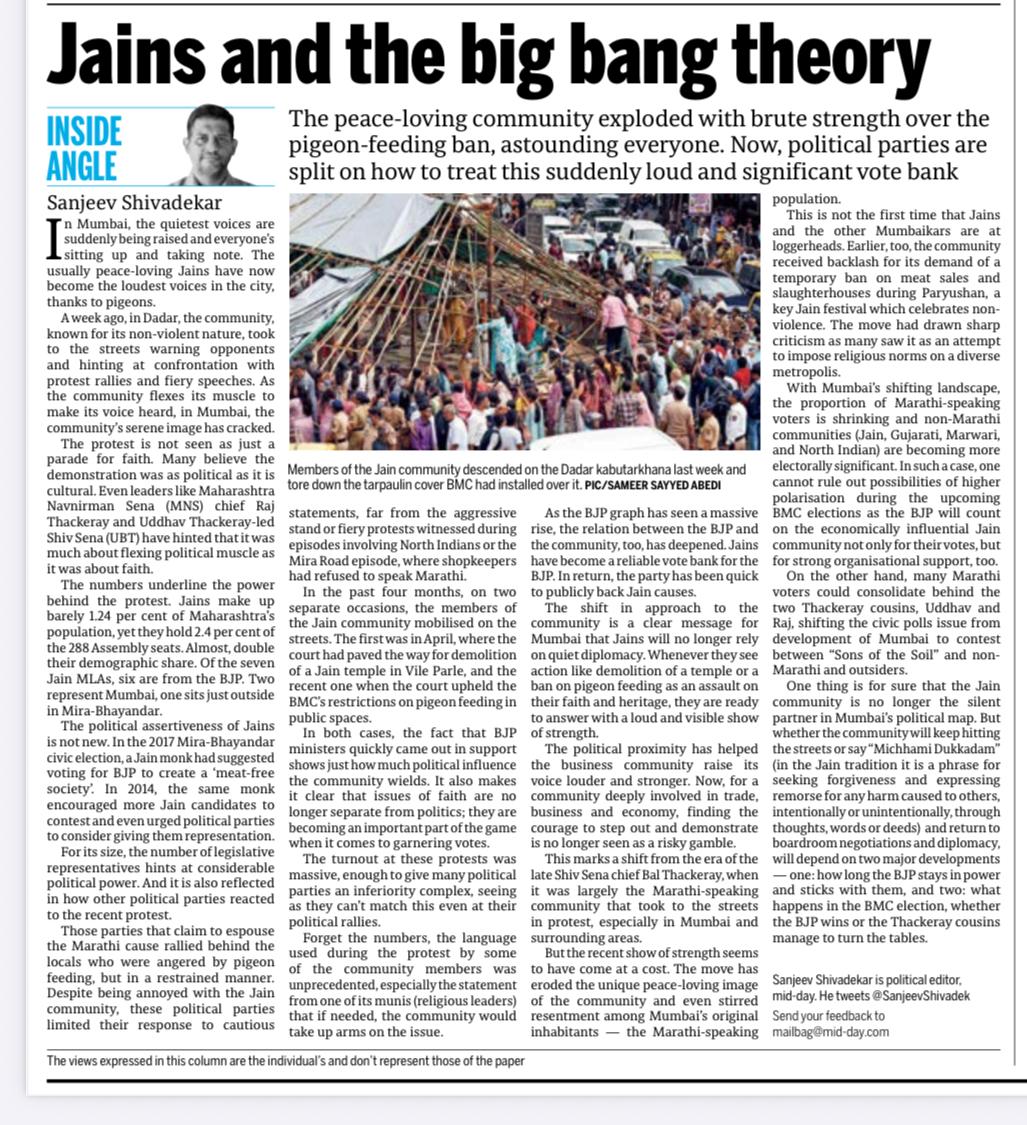 Sanjeev Shivadekar (@sanjeevscribe) on Twitter photo Why are Jains, known for ahimsa, suddenly hitting the streets with fiery speeches?
 The numbers tell the move: 1.24% of Maharashtra’s population, but 2.4% of Assembly seats.
 Like a pawn turning into a queen. 6 of 7 Jain MLAs are with BJP.  Read: mid-day.com/news/opinion/a… Why are Jains, known for ahimsa, suddenly hitting the streets with fiery speeches?
 The numbers tell the move: 1.24% of Maharashtra’s population, but 2.4% of Assembly seats.
 Like a pawn turning into a queen. 6 of 7 Jain MLAs are with BJP.  Read: mid-day.com/news/opinion/a…