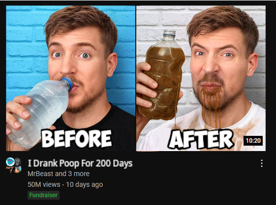 SamuelDischarge's tweet photo. What is Mr.Beast doing all he did for the entire video was eat and drink poop nobody won anything, he didn't donate to charity once, didn't plant a single tree, He just sat in a room and ate poop. where did he even get that much poop,I think the  video was filmed in a septic tank https://t.co/ER1Z6FDjVB