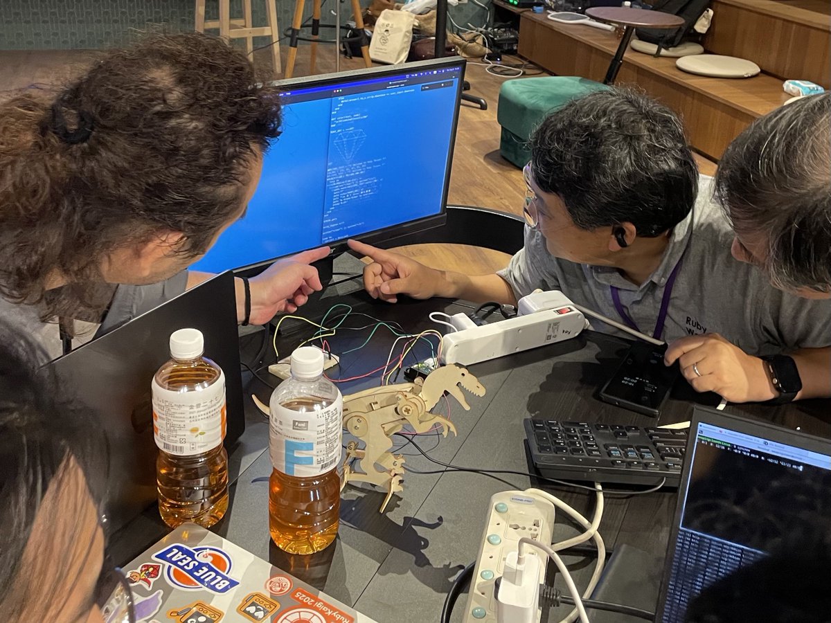 rubyconftw (@rubyconftw) on Twitter photo The “mruby table with <a href="/yukihiro_matz/">Yukihiro Matz</a> ” focused on the progress of lightweight Ruby runtimes & IoT ⚙️
Tanaka-san introduced his microcontroller work in mruby/c. Matz peeked at the code running a walking dinosaur via GPIO.
2025-08-09 #CodeParty #RubyConfTW #COSCUP The “mruby table with <a href="/yukihiro_matz/">Yukihiro Matz</a> ” focused on the progress of lightweight Ruby runtimes & IoT ⚙️
Tanaka-san introduced his microcontroller work in mruby/c. Matz peeked at the code running a walking dinosaur via GPIO.
2025-08-09 #CodeParty #RubyConfTW #COSCUP