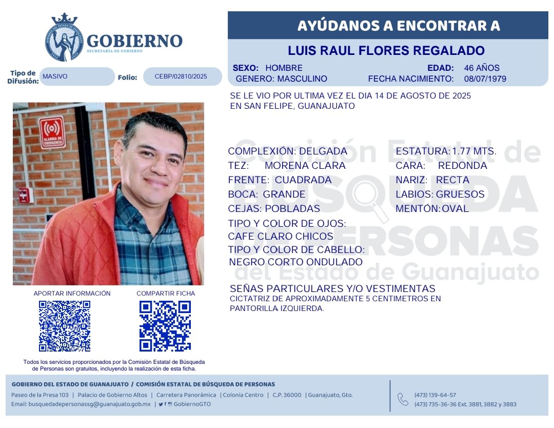 🔍👤 ¿Lo has visto?
Tu apoyo puede marcar la diferencia. 
Si tienes algún dato que nos ayude a localizarlo, compártelo con nosotros. Cada información suma. 
📞 473 735 3636 ext. 3881 | 473 139 6457.
#BúsquedasGto 🚨