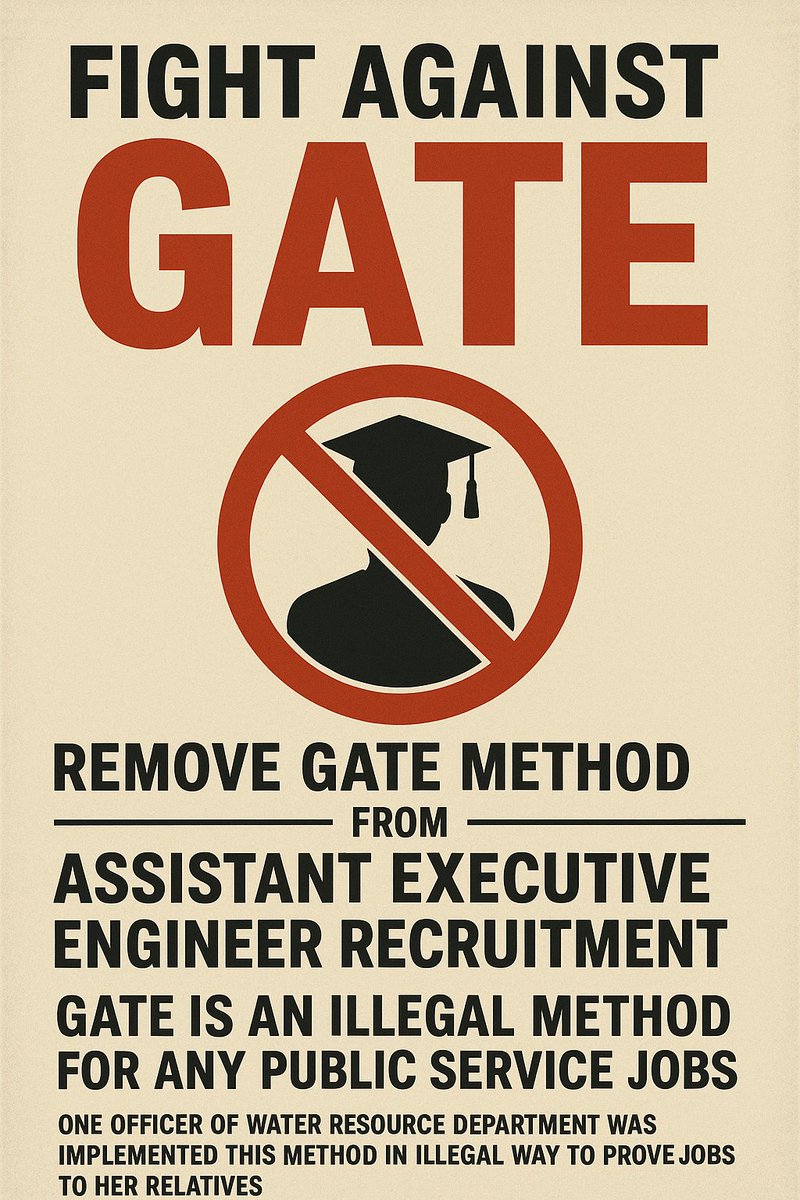 AEE_Aspirant's tweet photo. 🚫 Fight Against GATE 🚫
Why should Odisha youth suffer due to an illegal GATE method in Assistant Executive Engineer recruitment?

🔹 GATE is not meant for public service jobs
🔹 Implemented by one officer to favor her own candidates 
🔹 Injustice to 30,000 Odia aspirants

We demand:
👉 Cancel GATE-based recruitment immediately!
👉 Conduct exam through OPSC!

#Change_OES_rule_2023
@MohanMOdisha
@CMO_Odisha
@narendramodi
@GovernorOdisha
@rashtrapatibhvn
@PravatiPOdisha
@IPR_Odisha 
@BJP4Odisha
@SecyChief 
@MahalingMukesh 
@PrithivirajBJP
@SanjayKr1997 
@ushapadhee1996
@SamalManmohan7
@kanak_news 
@HUDDeptOdisha 
@otvnews 
@vijaypalbjp
@PWD_Odisha 
@dr_kcmahapatra
@dpradhanbjp
@sambitswaraj
@OdishaWater
@PrakashMishra_1