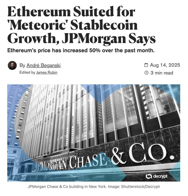 propulsionpoint's tweet photo. JP MORGAN ANALYSTS: ETHEREUM SUITED FOR METEORIC STABLECOIN GROWTH 
💥💥💥
“We think $ETH is emerging as a direct way to gain exposure to the expected meteoric growth in stablecoins as the Ethereum network hosts most of these stablecoin assets, directly as the L1 or indirectly through L2s”