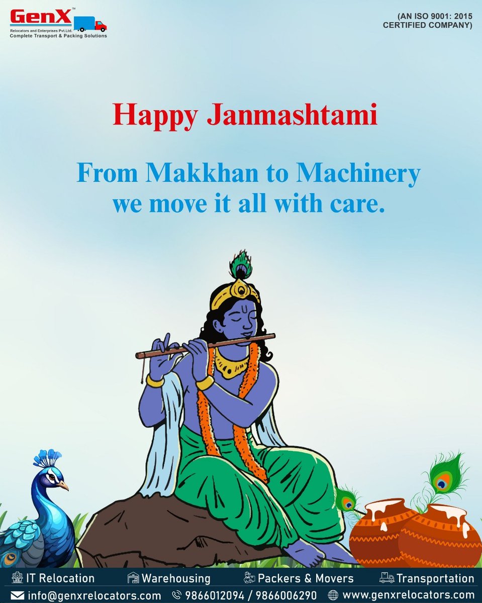 GenxRelocators's tweet image. Lord Krishna moved hearts with charm. We move homes &amp;amp; cargo with care and calm. Here’s to divine moves and dependable movers. Happy Janmashtami!
-Team GenX
#GenXRelocators #Janmashtami #TrustedMovers #SafeRelocation #StressFreeMoving
