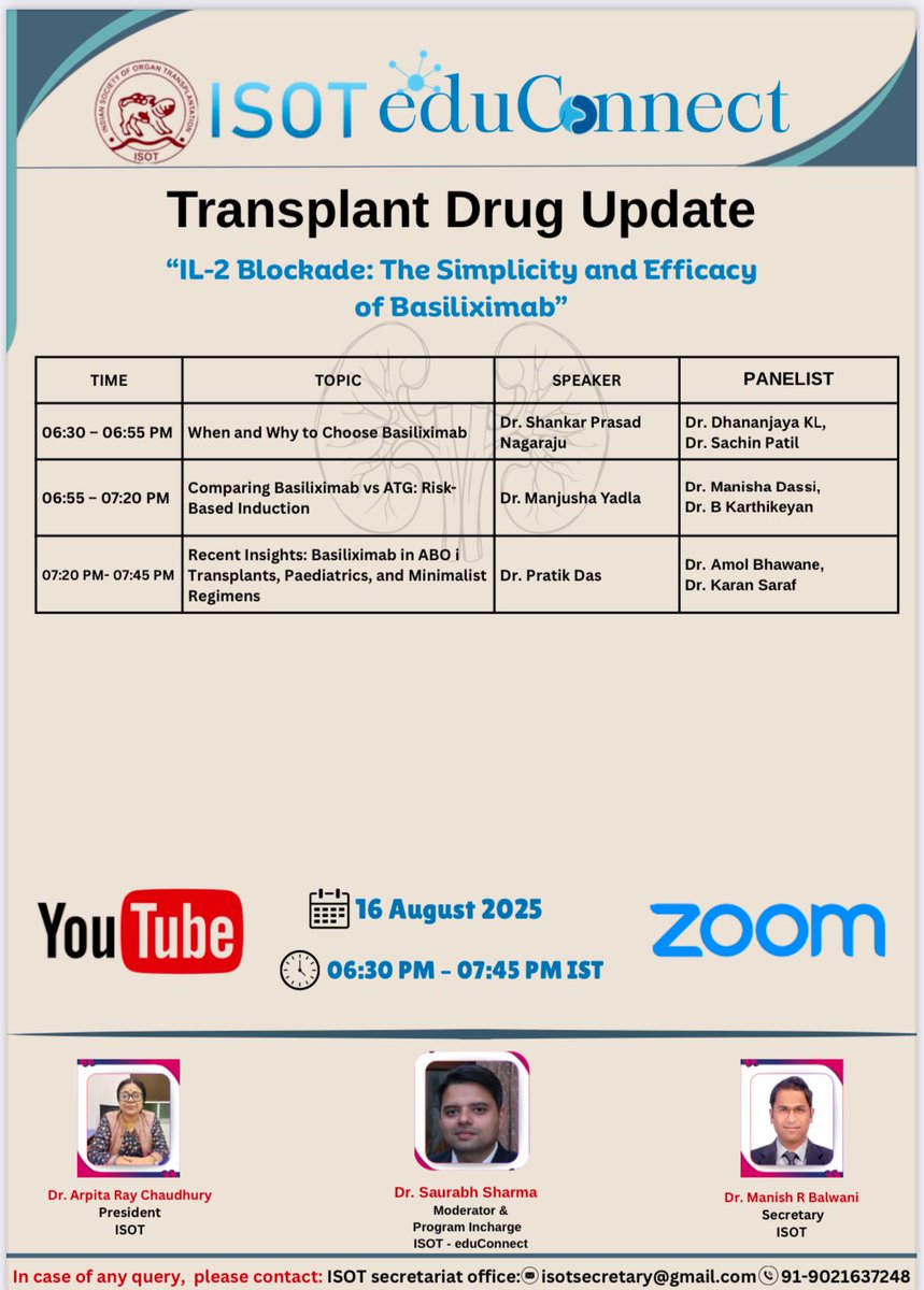 💥Transplant Drug Update #ISOT_eduConnect

🔥IL-2 Blockade: The Simplicity and Efficacy of Basiliximab

📅 16-08-2025
🕰️ 06:30 PM IST

Join tomorrow!

🔗 us06web.zoom.us/j/81179699949?…