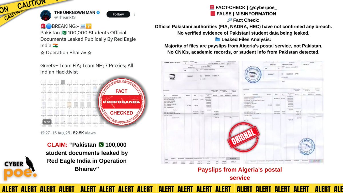 cyberpoe_'s tweet photo. 🚨 FACT-CHECK | @cyberpoe_
CLAIM: “Pakistan 🇵🇰 100,000 student documents leaked by Red Eagle India 🇮🇳 Operation Bhairav”
🟥 FALSE | MISINFORMATION
🔽 Full thread:
#CyberPoe #FactCheck #RedEagleIndia #OperationBhairav #StopFakeNews #HybridWarfare #Pakistan https://t.co/3nPuhwdkyq