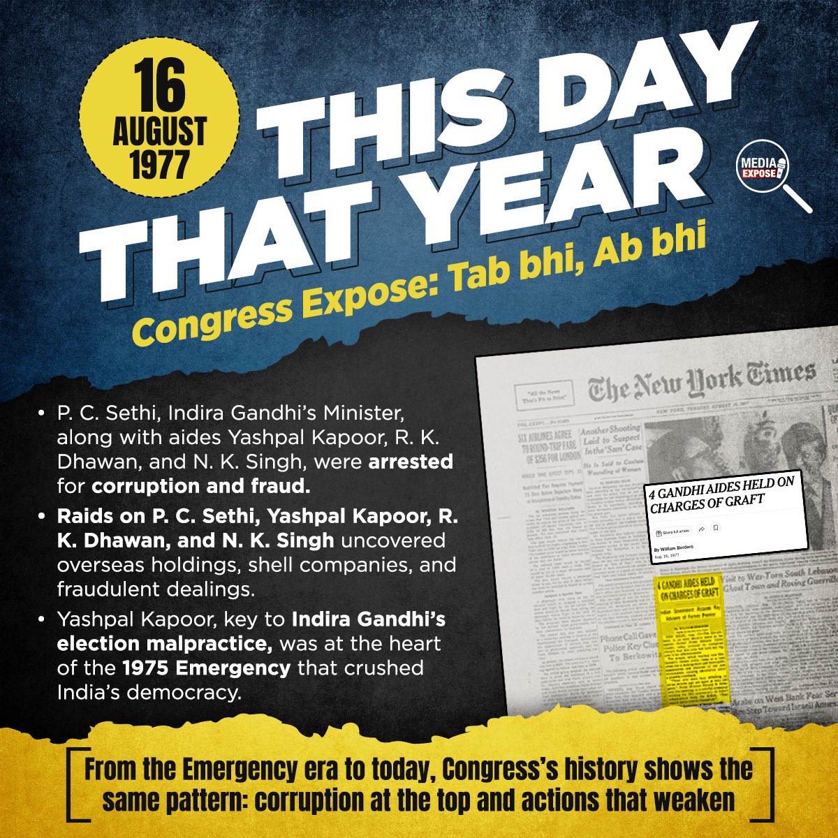 16 Aug 1977 — Indira Gandhi’s minister P.C. Sethi &amp; aides arrested for corruption &amp; fraud. Raids exposed shell firms &amp; Emergency crimes.

Then: Congress looted &amp; crushed democracy.
Now: Congress works to destroy democracy &amp; weaken institutions.

#CongressExpose