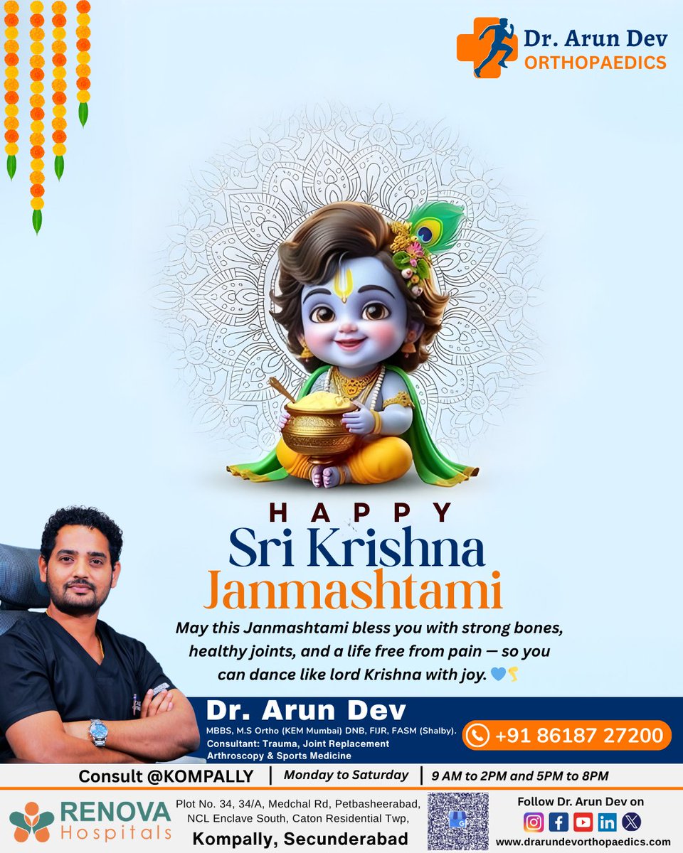 DrArunDev_Ortho's tweet photo. ✨ Wishing you all a very Happy Sri Krishna Janmashtami! 🌸

🙏 Celebrate health, happiness, and togetherness this Janmashtami.

#HappyJanmashtami #KrishnaJanmashtami #Orthopaedics #HealthyJoints #DrArunDev https://t.co/P8JcrDMBQt