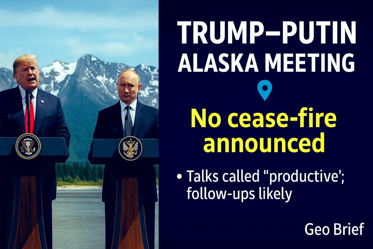🧵 Trump–Putin Alaska meeting: the 60-second recap ⬇️

1- No Ukraine deal. Both leaders called the talks “productive,” but no cease-fire or concrete agreement was announced. Optics high, outcomes thin.   

2- Trump’s line: “Very/extremely productive… there’s no deal until