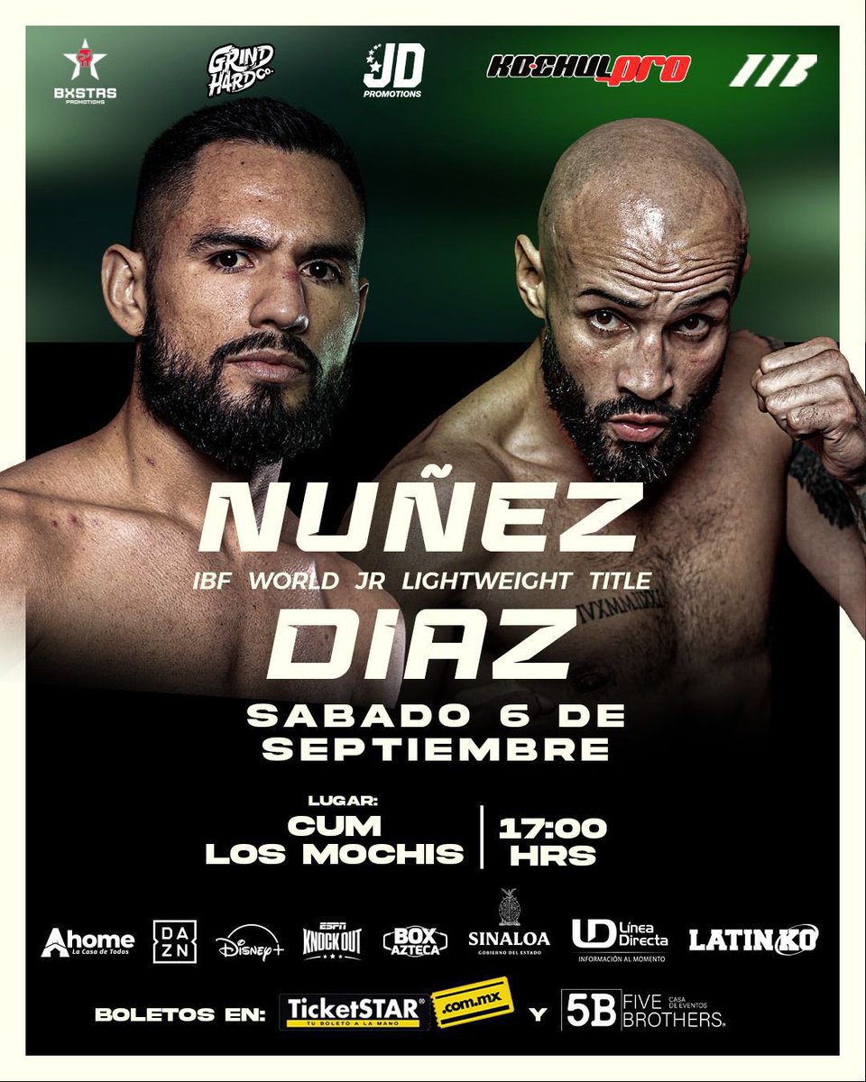 TicketstarMx's tweet photo. 🔥🥊 ¡La pasión del boxeo llega a su punto más alto en Los Mochis! Este sábado 6 de septiembre, el CUM vibrará con la intensidad de NUÑEZ vs DÍAZ por el título mundial IBF de peso súper pluma.

📍 Lugar: CUM Los Mochis
🎟 Boletos en https://t.co/r2cys0uzHV y Five Brothers. https://t.co/OsDn8xe62e