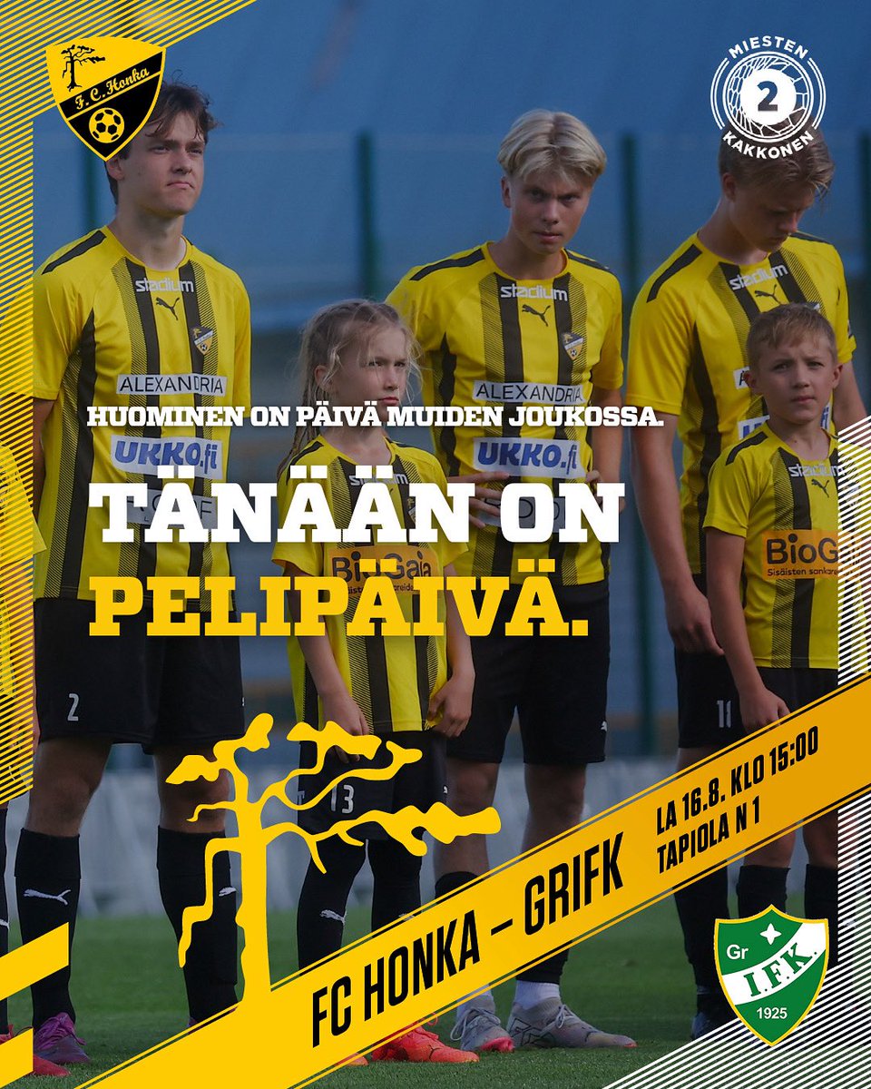 Huominen on päivä muiden joukossa. 𝐓ä𝐧ää𝐧 𝐨𝐧 𝐩𝐞𝐥𝐢𝐩ä𝐢𝐯ä. 

⚽️ FC Honka - Gr IFK
🕒 La 16.8. klo 15:00
🏟️ Tapiolan urheilupuisto N
💸 Maksuton sisäänpääsy!

Honka-päivän ohjelmaa TUP2-kentällä klo 13:00 alkaen.

Tervetuloa!

📸 Juhani Järvenpää