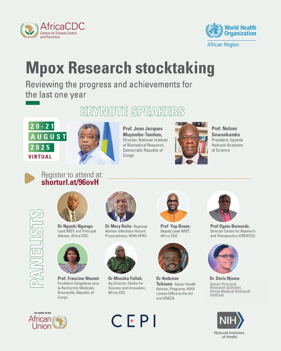 A year ago, <a href="/AfricaCDC/">Africa CDC</a> &amp; <a href="/WHO/">World Health Organization (WHO)</a> declared #mpox a continental &amp; global emergency.

📅 20–21 Aug 2025: Mpox Research Stocktaking Meeting (co-led by Africa CDC &amp; WHO)
✅ Review 10 research priorities
✅ Share lessons to strengthen outbreak response
✅ Explore faster ethical &amp;