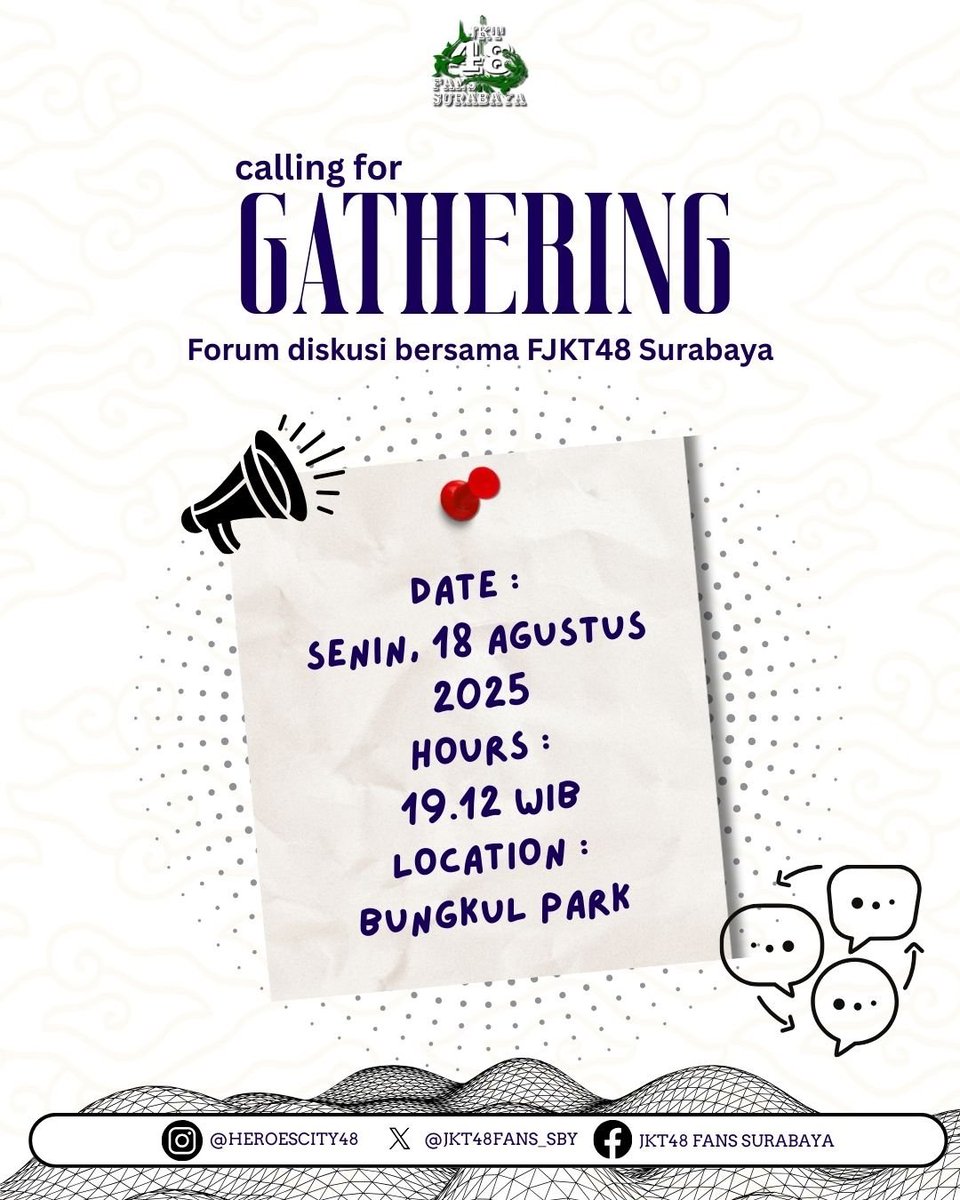 GATHERING AKBAR FOR JKTFANSPACE

Hallo rekk~
Mimin mau ngasih info sekaligus ngajak kalian semua untuk hadir berdiskusi bersama membahas JKT48 nih.

Hari : Senin, 18-08-2025
Lokasi : Taman Bungkul, Surabaya
Pukul : 19.12 - END

#JKT48FansSurabaya
#FansJKT48Surabaya
#JKT48Surabaya