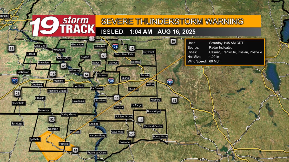 SEVERE THUNDERSTORM WARNING

Take shelter if in warned area. Safest place is inside a sturdy building on the lowest floor away from windows. 

Watch 19 News for more information. 

*Automated post - check post and expiration times*