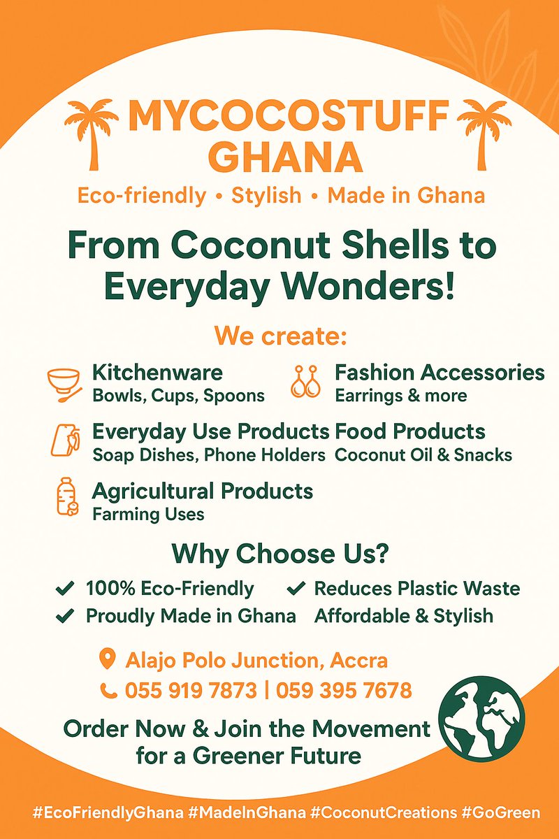 iam_foligh's tweet photo. ✨ It’s yet another beautiful day to choose eco-friendly living!
At Mycocostuff Ghana, we believe every coconut shell holds a new story — one of style, sustainability, and love for our planet. 
Start your day greener, lighter, and brighter with our handcrafted coconut products. https://t.co/jb554STGpA