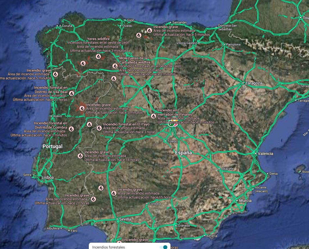 Incendios graves ahora hace tres minutos, 16/08/25. Muchas conductas criminales. Algunas directas, otras indirectas. Descuido, desinterés o interés por privatizar cuanto antes los servicios de extinción.