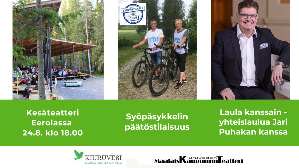 Laula kanssain -yhteislaulua Jari Puhakan kanssa sekä Syöpäsykkelin päätöstilaisuus sunnuntaina 24.8.2025 Kiuruvedellä. Vapaa pääsy. Lämpimästi tervetuloa!