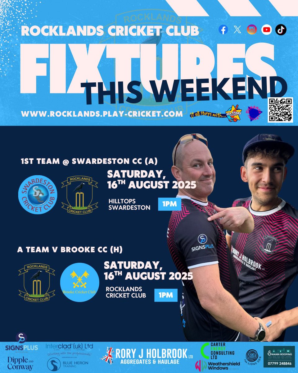 Fixtures This Weekend 🏏 

Saturday 16th August 2025
1st Team @ <a href="/SwardestonCC/">Swardeston CC</a> (Away)
A Team v <a href="/brookeccnorwich/">Brooke Cricket Club</a> (Home)