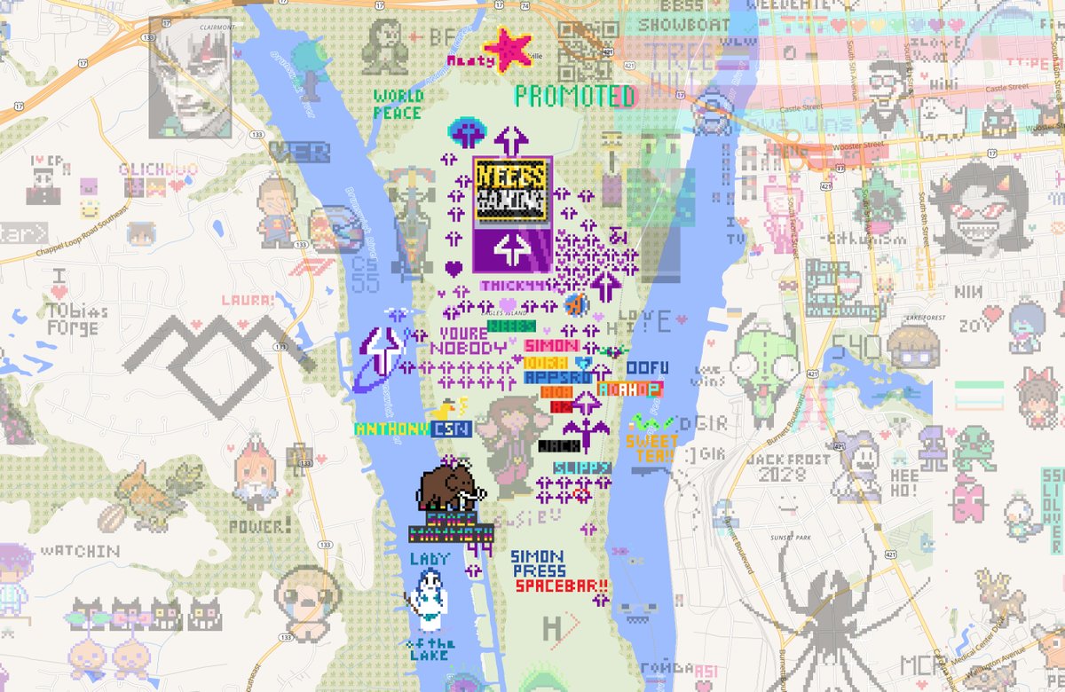 Recharging 1 pixel every 30 seconds, here's what we've added to the world map so far in Wilmington. 🥰💜

We're taking over Eagles Island! I've kayaked here many times.