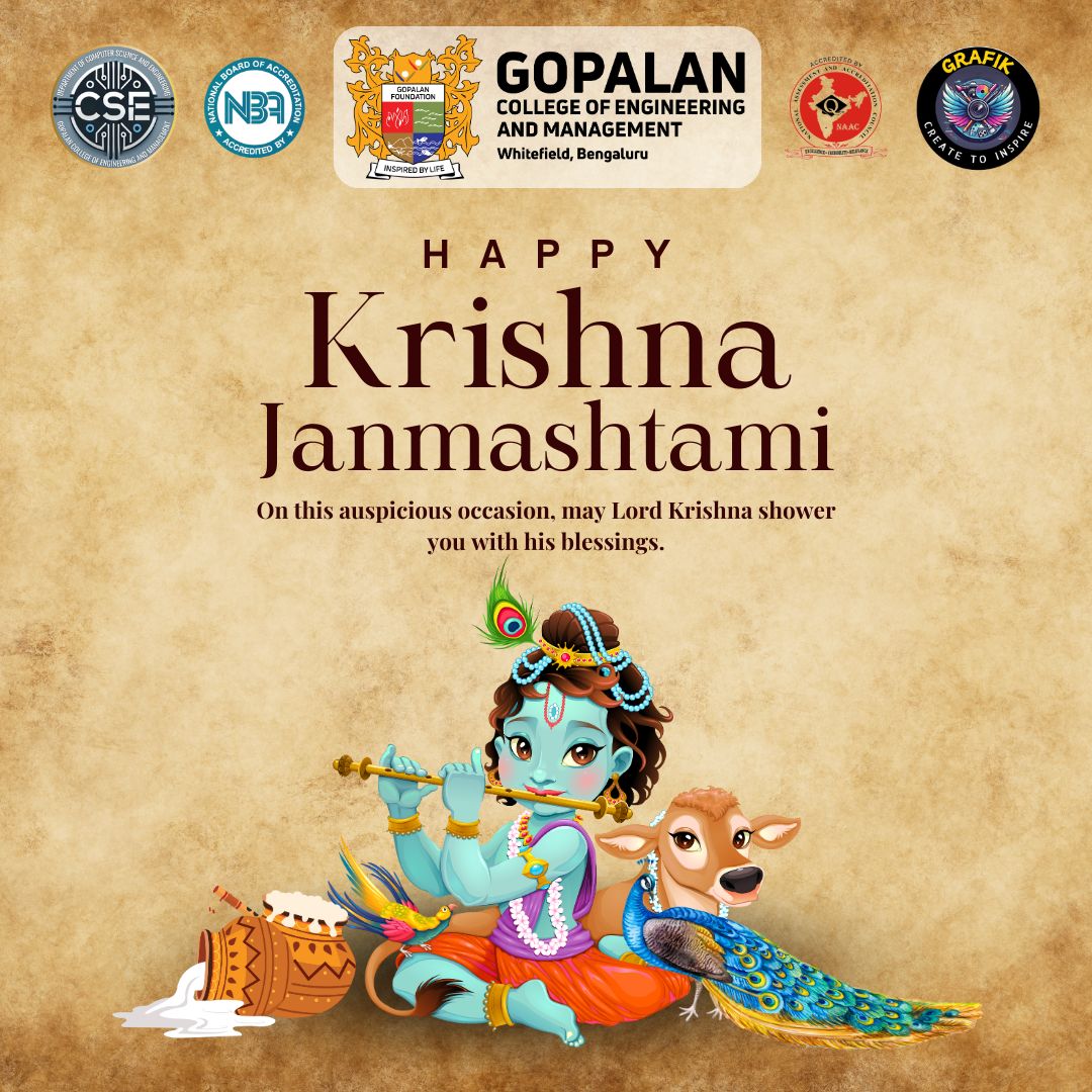 gcem_cse's tweet image. Wishing you a blessed Janmashtami filled with love, light, and devotion to Lord Krishna! 🌸✨🪶💖 May His flute melodies fill your heart with peace and positivity. 🎶🙏 #HappyJanmashtami #JaiShriKrishna #KrishnaBlessings