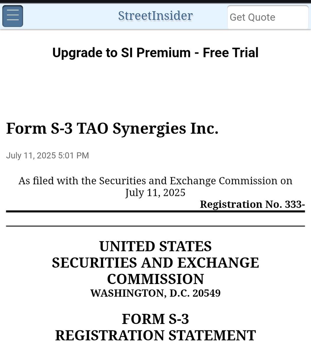Andy ττ (@bittingthembits) on Twitter photo 🚨 $TAO Synergies (Nasdaq: TAOX) $100M Shelf Registration Filed 🚨 <a href="/TAOSynergies/">TAO Synergies Inc.</a>
Yes, it’s real. Shelf allows up to $100M in securities (stock, debt, warrants, etc.)
Here’s the official SEC link:
📄 Form S-3 Filing (Aug 14, 2025)
sec.gov/Archives/edgar…
Key Facts:
• 🚨 $TAO Synergies (Nasdaq: TAOX) $100M Shelf Registration Filed 🚨 <a href="/TAOSynergies/">TAO Synergies Inc.</a>
Yes, it’s real. Shelf allows up to $100M in securities (stock, debt, warrants, etc.)
Here’s the official SEC link:
📄 Form S-3 Filing (Aug 14, 2025)
sec.gov/Archives/edgar…
Key Facts:
•