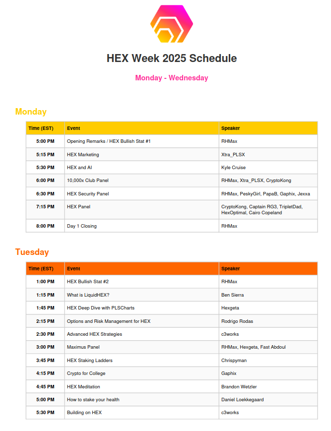 rhmaximalist's tweet photo. HEX Week 2025 Schedule is now LIVE!

Quick stats powered by AI ⚡️

60 Sessions across 5 days
36 Speakers with 104 total appearances
14 Panels (23.3% of all content)
Tuesday is the busiest day with 16 sessions
~30 hours of content over the entire week

HEX Panels at the end of each day are open to everyone!

Convert to your timezone by using google, for example:
> convert Tuesday 6pm EST to AEST