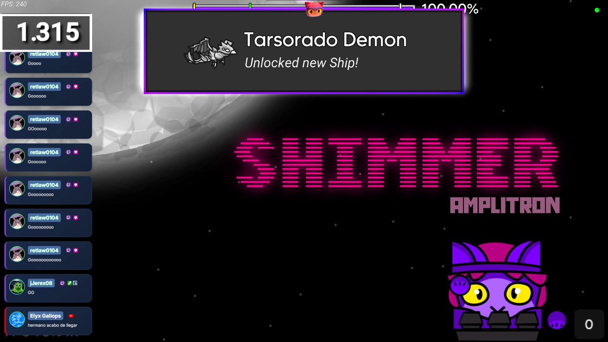 SHIMMER 100% | SEGUNDO HARDEST | 17,635 Intentos :)
Que nivelazo, de lo mejor que queda en la lista
Aún que me tuve que morir 16 veces arriba del 80% para pasármelo aún así es un nivel muy divertido y disfrutable, lo único feo es el predrop que de la nada se vuelve silent XD