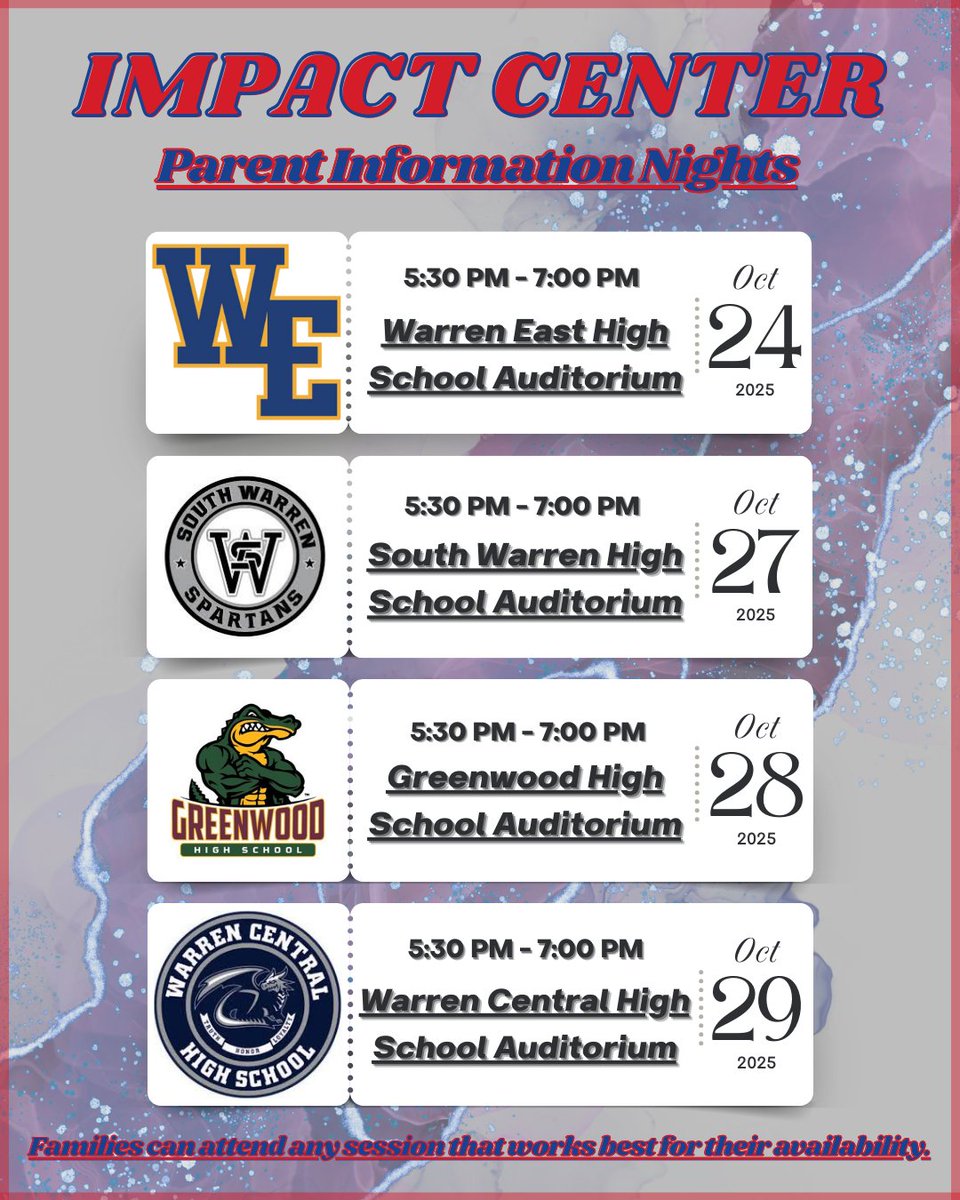 📢 Parents/guardians, mark your calendars!
Join us for an IMPACT Center Parent Information Night to learn about our programs, pathways, and opportunities for your student.

🗓️ Dates &amp; details in the flyer below!
#IMPACTStartsHere #WCPS #FutureReady