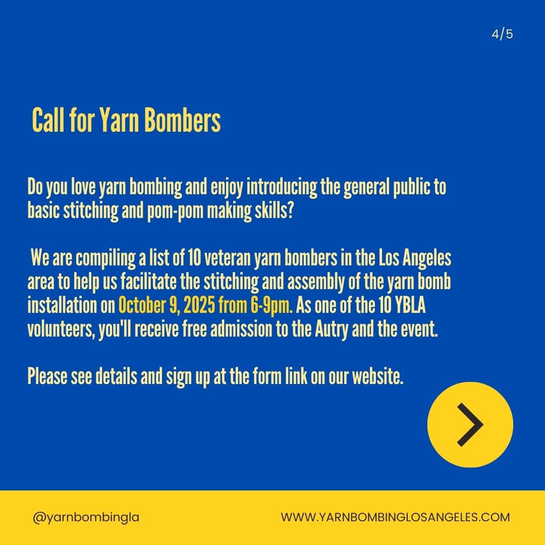 YarnBombingLA's tweet photo. Collaborate with us!! 

Call for Knitted, Crocheted &amp; Stitched Flower, Leaf &amp; Vine Motifs

Call for Yarn Bombers

Details are up and signup forms are open at https://t.co/BzGjWIoE9A https://t.co/45UxTkhISX