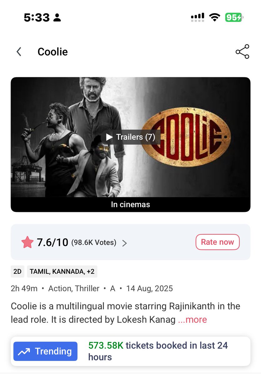 pavansankar9999's tweet image. Last 24 Hours BMS Sales !

#War2 - 747.52K 💥
#Coolie - 573.58K