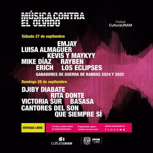 CulturaUNAM's tweet photo. 🎶🔥 ¡La voz de Victoria Sur, cantautora colombiana, sonará fuerte en en Las Islas de #CU, dentro del gran cartel de Música contra el olvido! 🔥🎶 

Prepárate para un #finde con mucho #trap #electrónica #rock #son y #músicas del mundo: 27 y 28 de #septiembre. ¡Dos días, un solo latido! 🎶💕

 💸 Entrada libre 

#FestivalCulturaUNAM #MúsicaContraOlvido