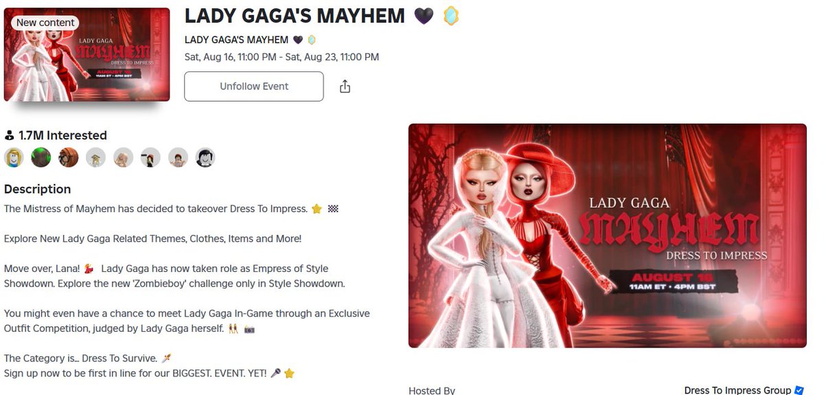 PopBase @ladygaga For anyone curious: Gaga's collab is with Dress to Impress,  a fashion game with its own safe, controlled environment & content  moderation. Roblox is simply the platform that hosts games