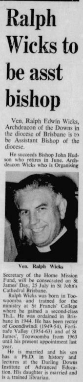 AustAnglican's tweet photo. 16 August 1921: birth (Toowoomba QLD) of Ralph Edwin Wicks, Assistant Bishop in the Diocese of Brisbane 1973-1988 (inc. first Bishop of the Western Region). Obiit 12 September 1997. #anglican #104years Our third bishop born in Queensland. https://t.co/4SXQOqnwnH