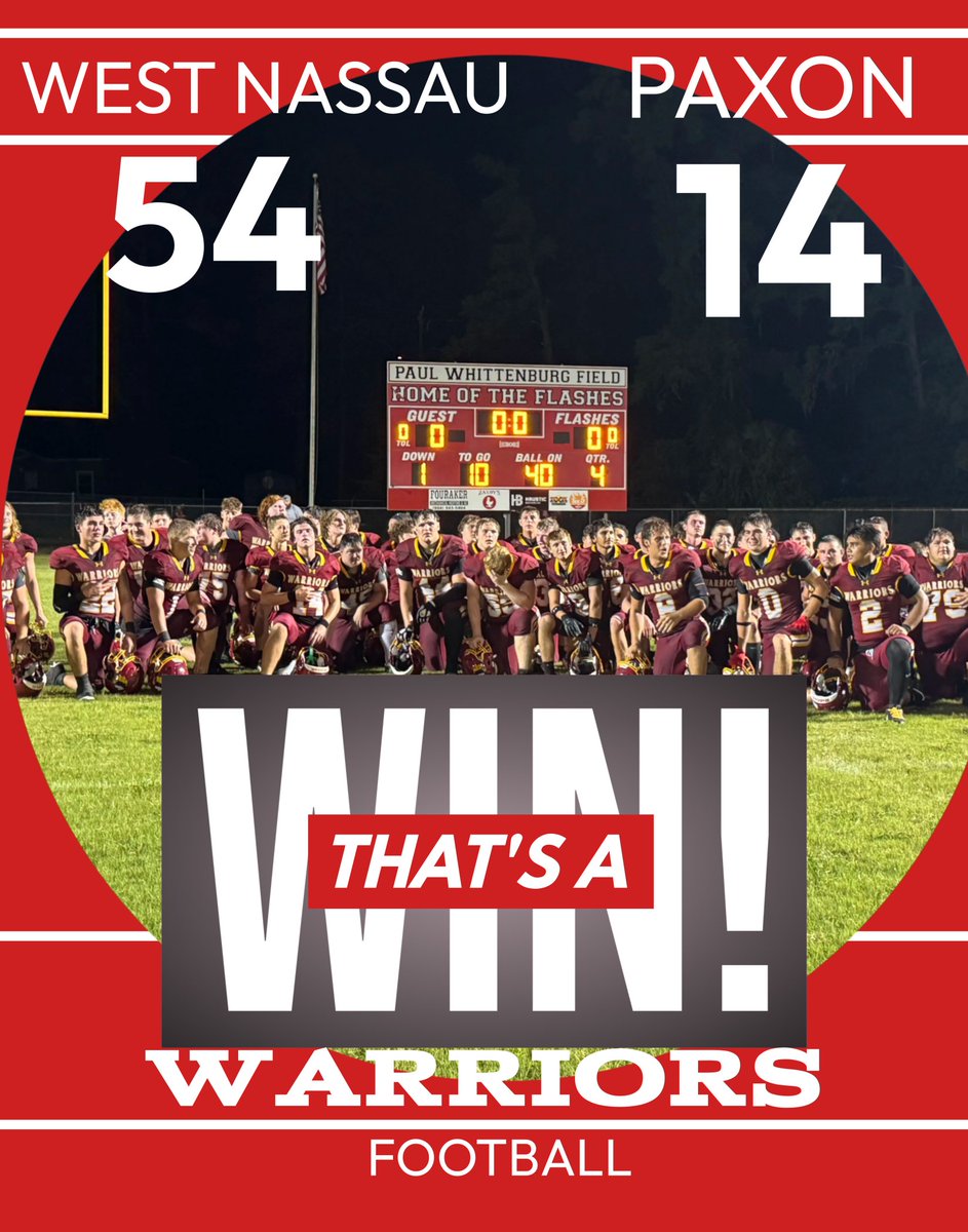 Final from Paul Whittenburg Field 
WARRIORS WIN 54-14 over Paxon
#WeTheWest #BNBwarriors