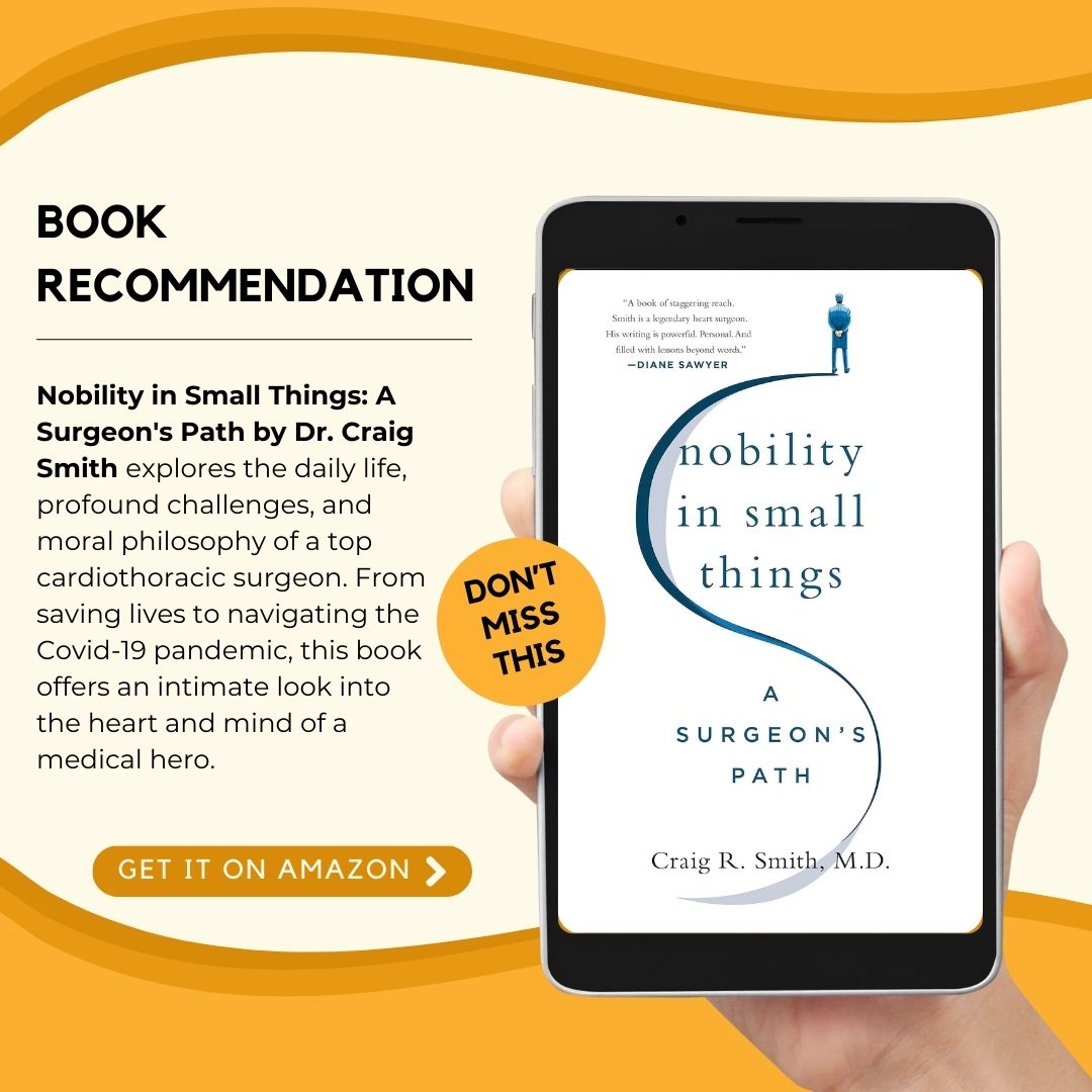 🌟 Book Recommendation Alert! 🌟

📚 Nobility in Small Things: A Surgeon's Path by Dr. Craig Smith
Nobility in Small Things delves into the life of a surgeon who has the power to "play God," yet remains profoundly human.
📖 Get your copy today: amzn.to/4c8MItH 
#book