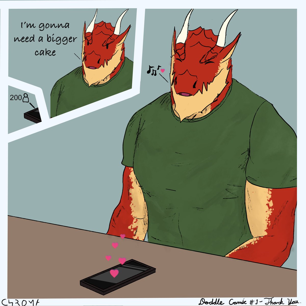 Doodle Comic #1 - Thank You. Featuring Saul. It's been 8 days since I first posted an artwork with my new art style featuring introducing him, and the sudden surge of love and support has been unexpected but pleasant at the same time. 

Thank you, &lt;3 Chroma