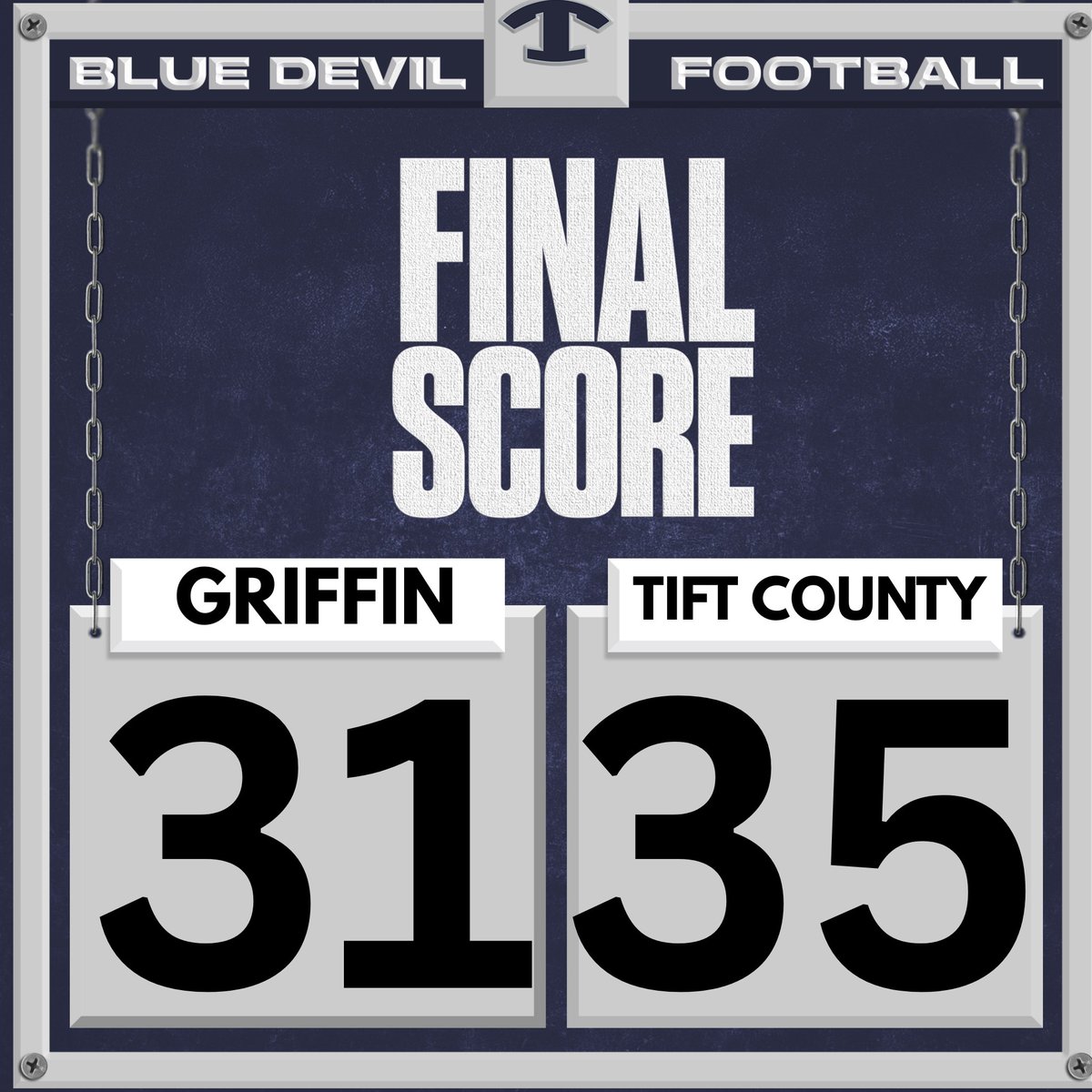 WOW. That was hands down the most physical Blue Devil game I’ve seen in the last 4 years! 💥 Our boys left it all on the field and came away with a hard-fought 35–31 WIN over Griffin! 🏈💪

Let’s go BIG BLUE!!! 🔵⚪🔥
<a href="/CoachLit22/">Jeff Littleton</a> 
<a href="/Coach_CBarton/">Chris Barton</a> 
<a href="/dbails9/">Don Bailey</a> 
<a href="/CoachE_Smith10/">Emil Smith</a>