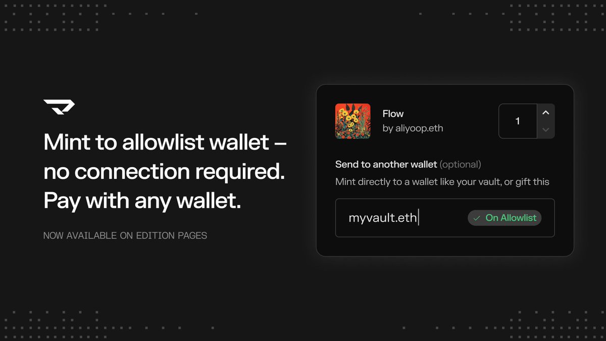 manifoldxyz's tweet photo. Mint to your allowlisted wallet – no connection required. Pay with any wallet.

→ Enter your allowlisted address
→ Pay with any hot wallet 
→ NFT is sent to allowlisted vault only🔒

FYI: this has been available for open claims – it's now accessible for allowlist editions. https://t.co/DZAkbsOUiD
