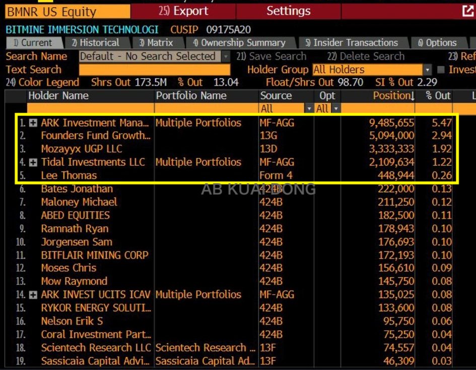 木头姐的 ARK 方舟基金，已成为 ETH 微策略 BMNR 的最大股东，持股 5.47%。

第二名 Founders Fund，持股 2.94%，它们是 SpaceX、Polymarket、OpenAI 的股东。

第三名 Mozayyx 持股 1.92%，是注册投资顾问公司，它们也参与了隔壁莱特币的微策略。

第四名 Tidal 持股 1.22%，是一名 ETF 服务商。