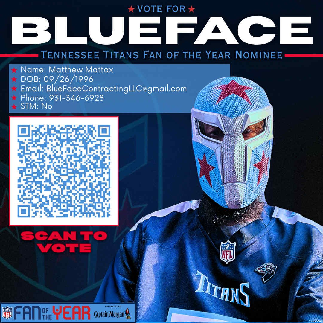 BlueFace (@titansblue25) on Twitter photo It’s that time of the year !
If you think I’d be a good candidate to represent the #Titans fanbase please give me a nomination! Thanks for the support and #TitanUp <a href="/Titans/">Tennessee Titans</a> It’s that time of the year !
If you think I’d be a good candidate to represent the #Titans fanbase please give me a nomination! Thanks for the support and #TitanUp <a href="/Titans/">Tennessee Titans</a>