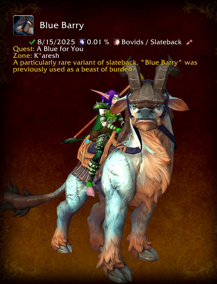 Luxminxthebard's tweet photo. #worldofwarcraft #mount #bovids #slateback #karesh #BlueBarry
Mount: Blue Barry 🐐

"A particularly rare variant of slateback, "Blue Barry" was previously used as a beast of burden."

🐐 Quest: A Blue for You
🐐 Zone: K'aresh https://t.co/XqcUMM6dLA