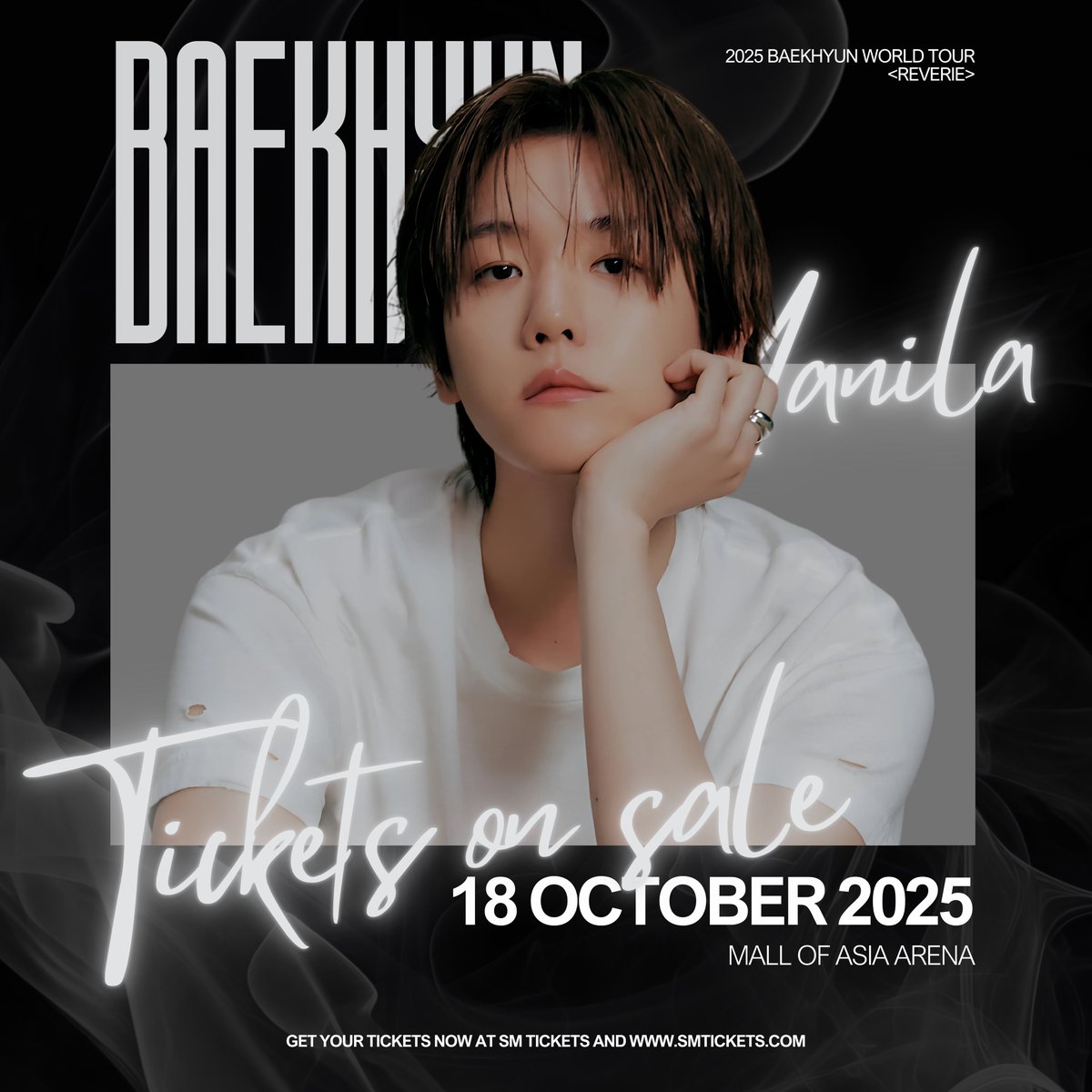 philconcerts's tweet photo. EXO-L, this is your reminder that tickets for the 2025 BAEKHYUN WORLD TOUR <Reverie> in MANILA will go on sale today via SM Tickets outlets and https://t.co/GIbq6QyAr6 🩶 

1PM onwards - MVP A & B Packages
2PM onwards - Regular Tickets Tiers

#ReverieMANILA happens on October 18 at the MOA Arena!

Presented by @cdmentph