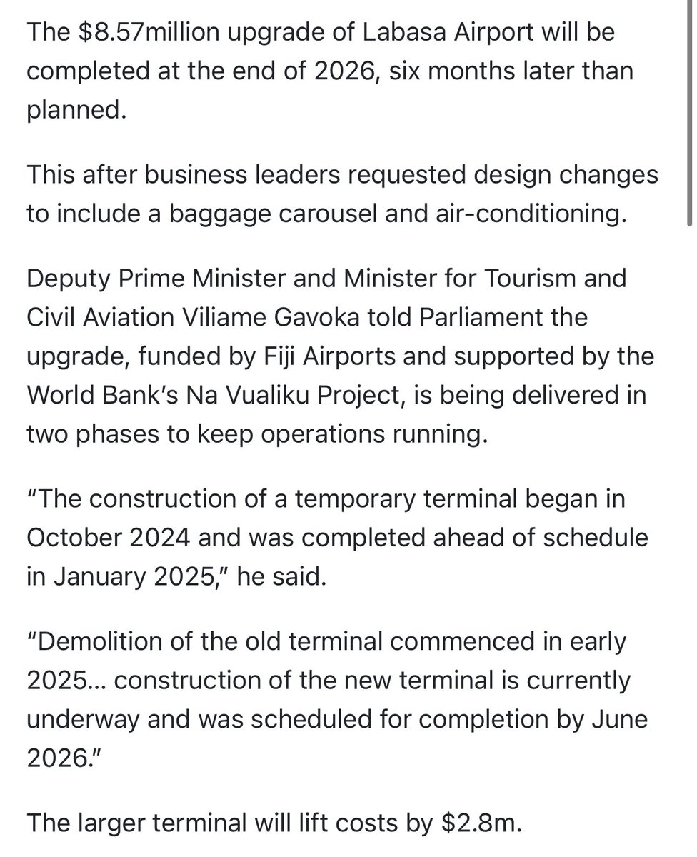 Labasa airport construction is now delayed due to design changes to include baggage carousel and air conditioners.

Why was the initial plan without these important elements to begin with?