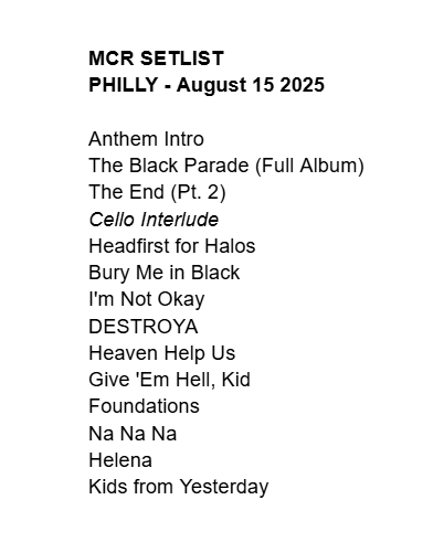 gwayupdates's tweet image. #MCRPHILLY Setlist ❤️‍🔥