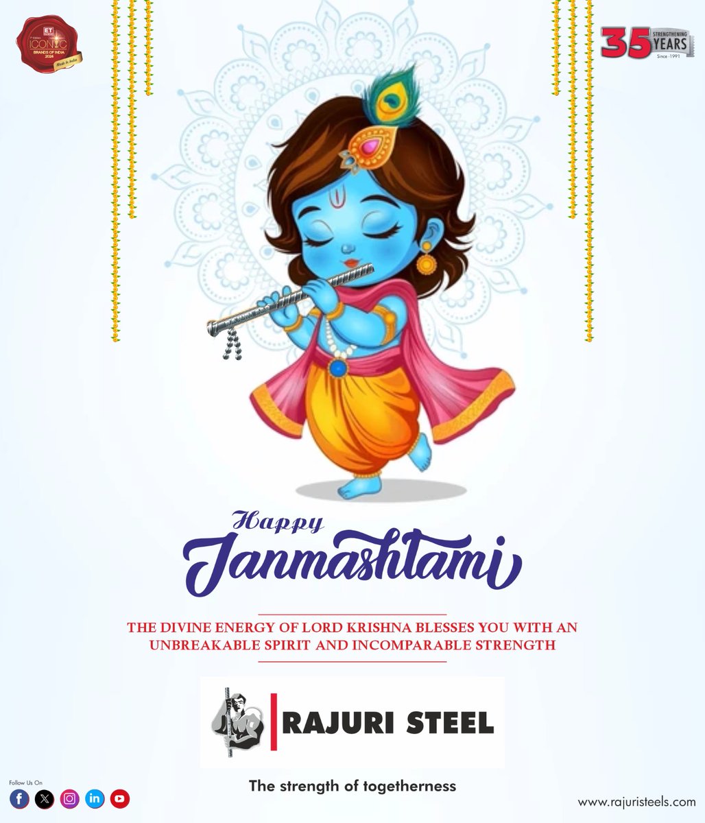 RajuriSteels's tweet photo. May Lord Krishna bless you with joy, prosperity & unbreakable strength.
This #Janmashtami, let’s celebrate the divine energy that inspires resilience & togetherness.
Happy Janmashtami from #RajuriSteel!
#TMTSariya #TMTBarManufacturer #StrengthofTogetherness #35StrengtheningYears https://t.co/q928kYXsm6
