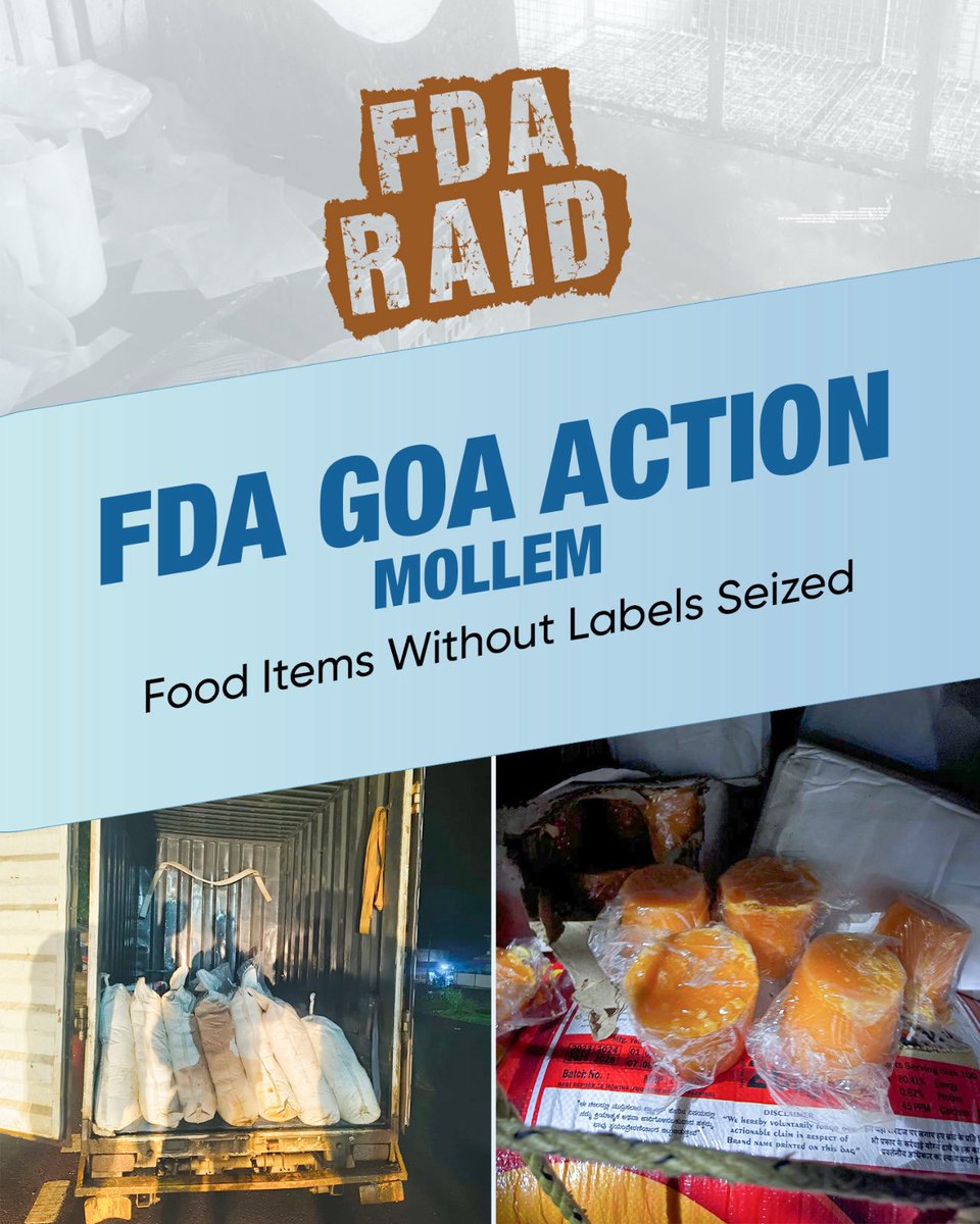 visrane's tweet photo. We are determined to ensure safe food for every Goan. In line with this mission, the FDA team conducted a night-long inspection at Mollem check post on 14th August. Several non-compliant consignments which included 150 kg confectionery, 30 kg fryums, 300 kg jaggery, 100 kg khawa, and 80 kg paneer which was without proper labelling, were confiscated. Surveillance samples have been sent for analysis, reaffirming our zero-tolerance approach to unsafe and misbranded food entering Goa.
#FDAGoa #FDARaids #foodsafety #safefood #healthygoa #mollem