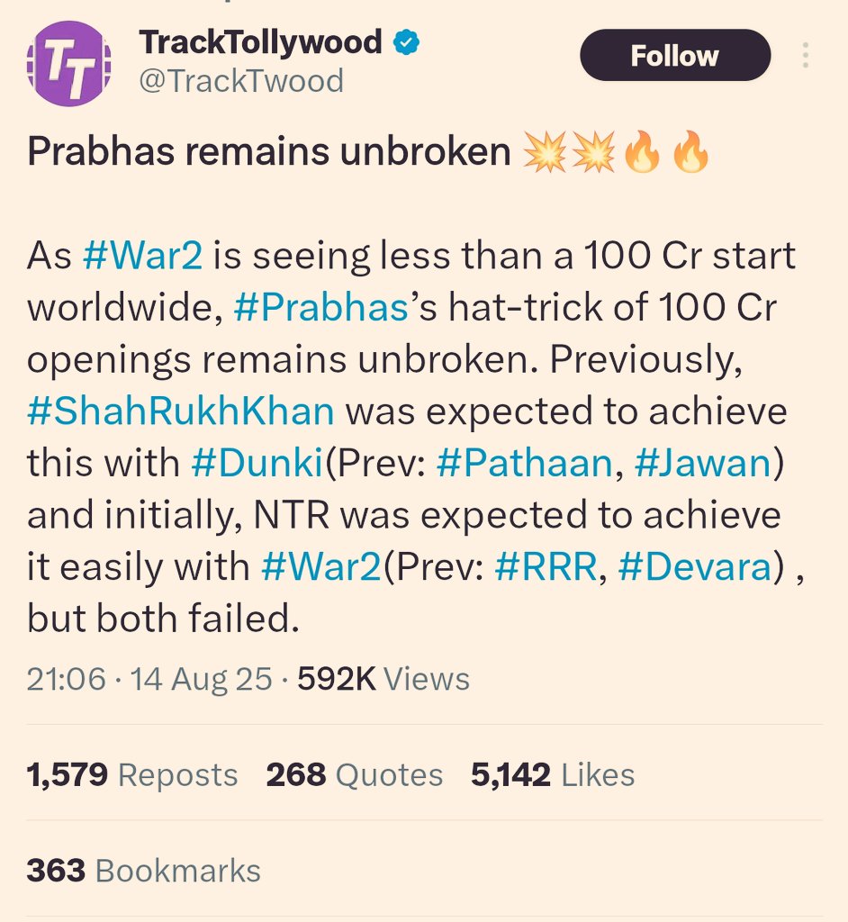 RebelwoodFan's tweet photo. Everyone knows the Reality 

MB website 
Chow Page 
Mega clan 
Critics 

Thanks anna @tarak9999 for doing War2 #Prabhas range ento malli prove chesav 🔥 https://t.co/VqqzjNjZke
